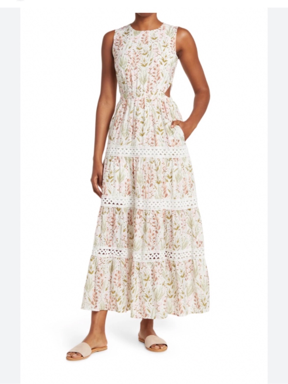 MELLODAY Sleeveless Floral Crochet-Trim Maxi Dress in Pink and Green